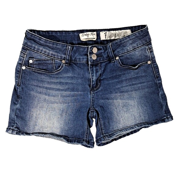 Indigo Rein Jean Shorts Womens Sz 7 29" Blue Denim Distressed Stretch Whiskers - Picture 1 of 5